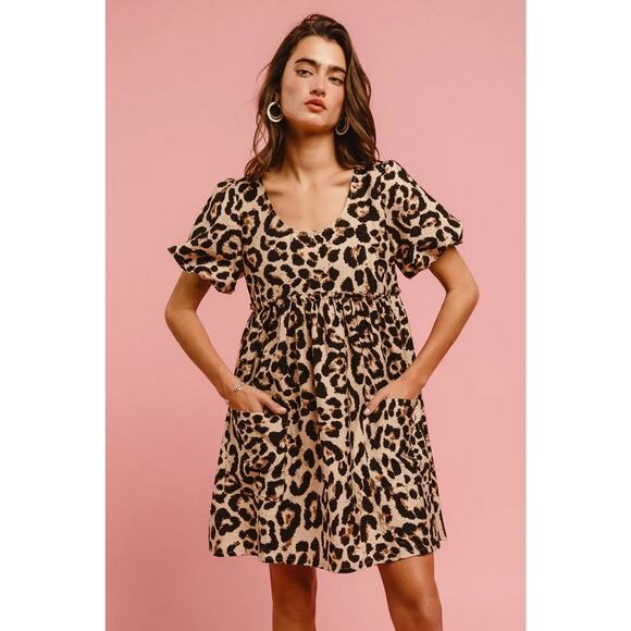 BiBi Leopard Print Woven Puff Sleeves Dress with Patch - Picture 10 of 14